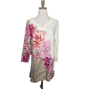 Soft Surroundings Floral V-Neck Tunic Size PL Vibrant Floral Pattern 3/4 Sleeve